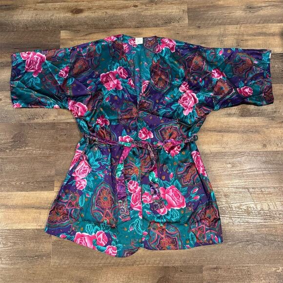 California Miss 1X VTG Floral Kimono Robe 80s/90s Teal Pink Roses Belted READ - Picture 1 of 8